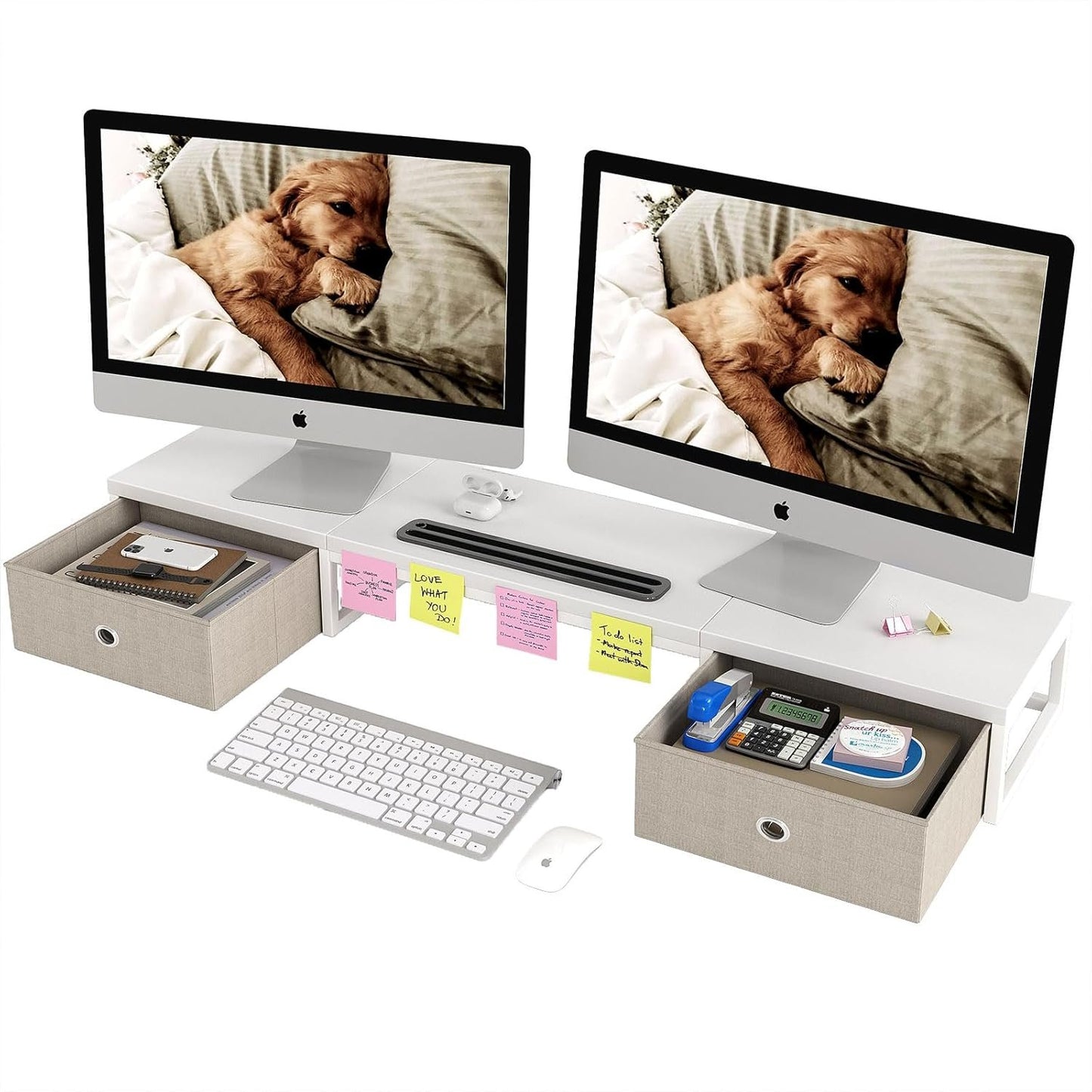 Mexin Dual Monitor Stand Riser with 2 Drawers, 39 Inch Extra Long Wood Desk Organizer, Desktop Riser for Laptop, Printer, Computer, TV, Perfect for Home Office, White