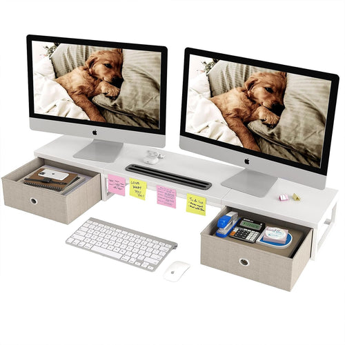 Mexin Dual Monitor Stand Riser with 2 Drawers, 39 Inch Extra Long Wood Desk Organizer, Desktop Riser for Laptop, Printer, Computer, TV, Perfect for Home Office, White