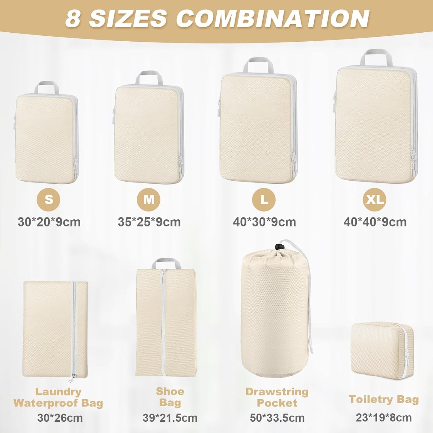 MUUKAIII Luggage Organizer, Set of 8 Compression Packing Cubes, Space-Saving Travel Organizer, Travel Suitcase Organizer, Backpack, Travel Organizer for Clothes Makeup, Beige
