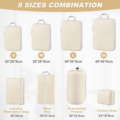 MUUKAIII Luggage Organizer, Set of 8 Compression Packing Cubes, Space-Saving Travel Organizer, Travel Suitcase Organizer, Backpack, Travel Organizer for Clothes Makeup, Beige