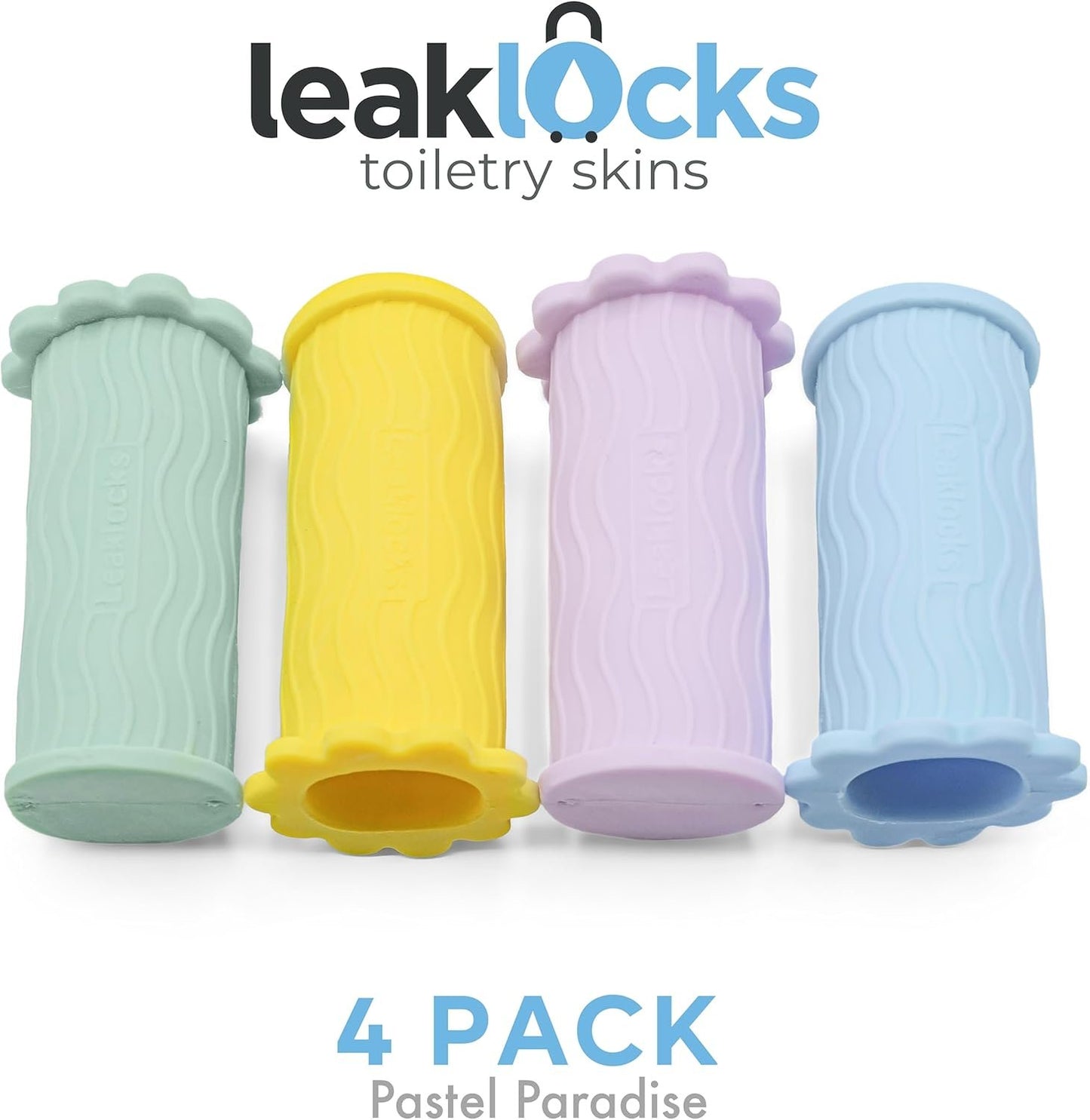 LeakLocks® Toiletry Skins™ Elastic Sleeve for Leak Proofing Travel Container in Luggage. For Standard and Travel Sized Toiletries. Reusable Accessory for Travel Bag Suitcase and Carry-on Luggage, 4 pk