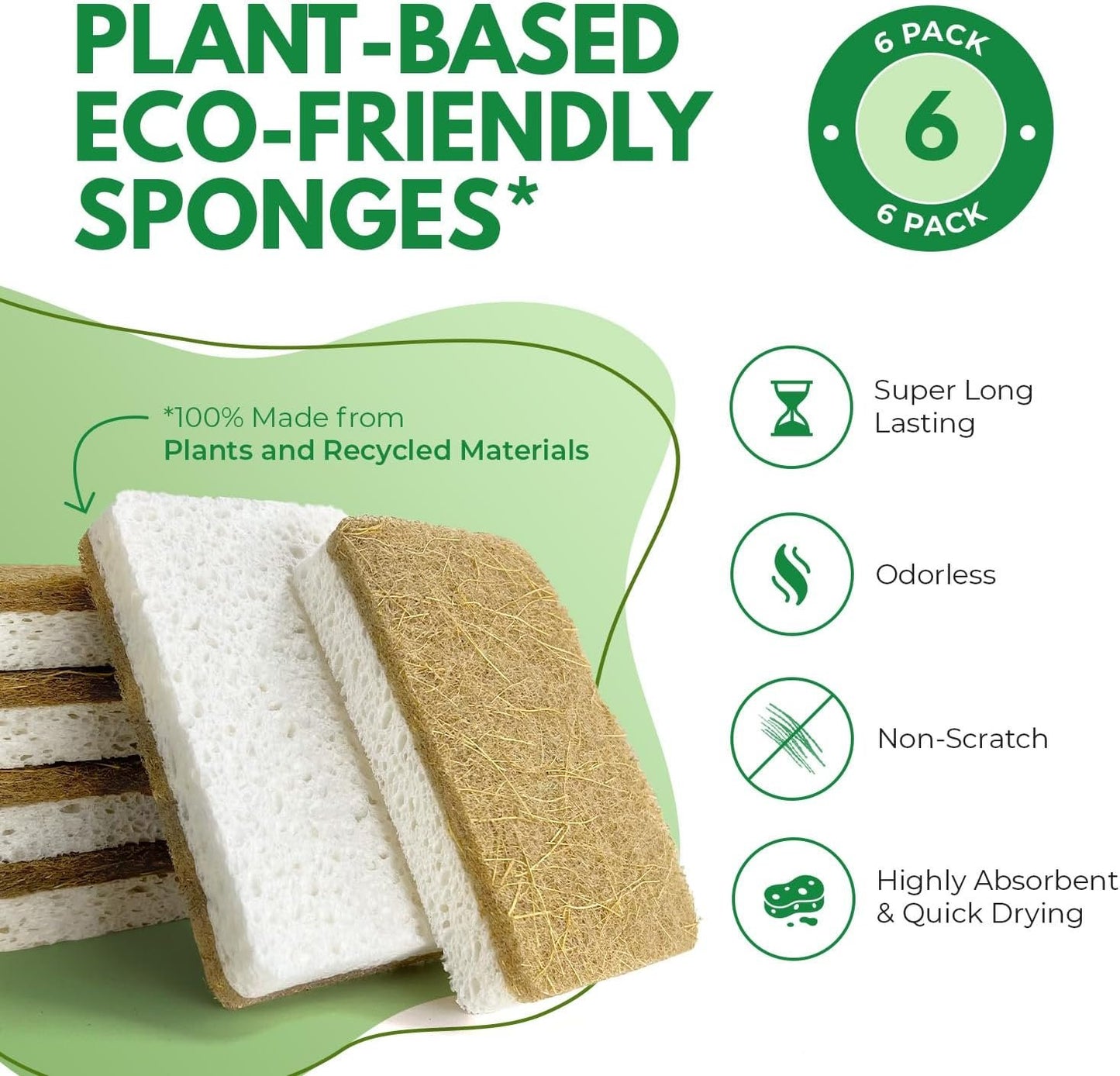 AIRNEX 6 Pack Biodegradable Natural Kitchen Sponges - Eco Friendly Cellulose and Coconut Dish Sponges - Odourless Sponges for Dishes with Dish Scrubber - Non Scratch Dual Sided Multipurpose Sponges
