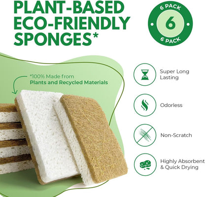 AIRNEX 6 Pack Biodegradable Natural Kitchen Sponges - Eco Friendly Cellulose and Coconut Dish Sponges - Odourless Sponges for Dishes with Dish Scrubber - Non Scratch Dual Sided Multipurpose Sponges