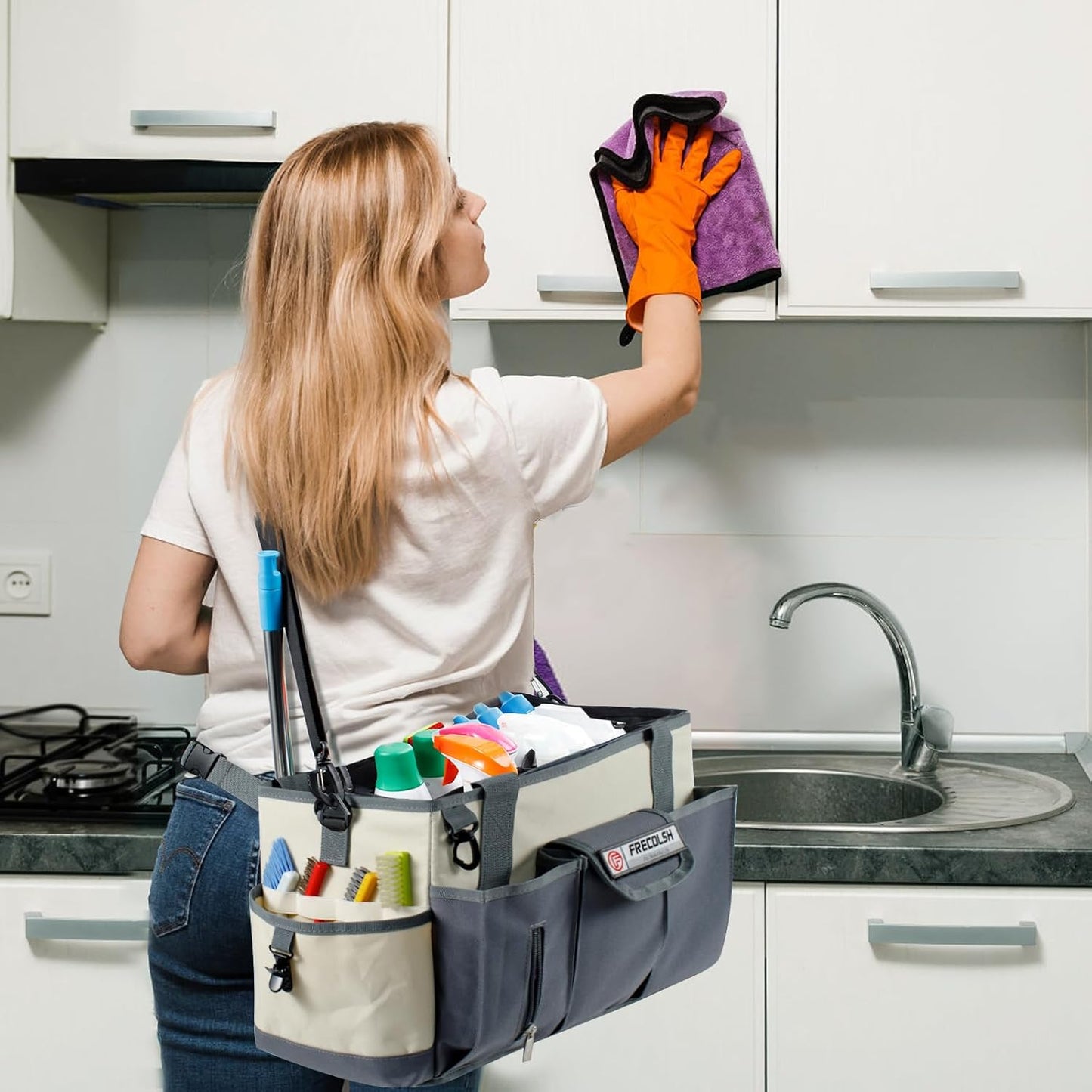 FRECOLSH Cleaning Caddy for Cleaning Suppliers Organizer with Pockets for House Cleaning Essentials, Cleaning Organizer, Wearable Cleaing Bag Tote, Storage Caddy for Housekeeping