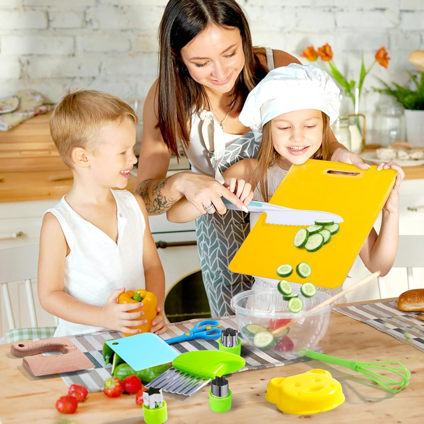 PELOSTA 18 Piece Play Kitchen Toys for Kids,Montessori Kitchen Tools for Toddlers Real Cooking,Kids Safe Knife,Gloves,Cutting Board,Scissors for Pretend Play,Birthday Gifts for Girls & Boys Age 3-8c