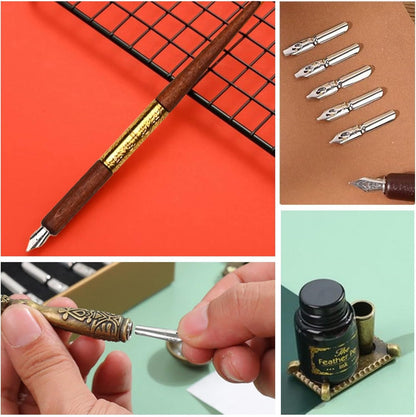 Joyeee Feather Calligraphy Dip Pens and Nibs, Stationery Paper, Pen Base, Spoon, Black Ink Bottle, Dip Pen Wooden for Writing Letters, Greeting Cards, Valentine’s Day Writing Drawing Lover