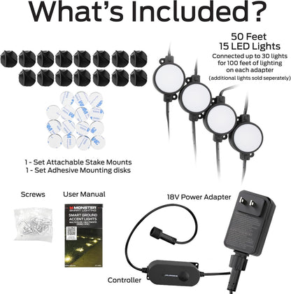 Monster Smart Outdoor Ground Accent RGB+IC+WW LED Lights, 50ft, 15 LEDs, Sound Reactive, Ground Stakes & Wall/Ceiling Mounts, Weather & IP44 Water Resistant, Works with Alexa, Siri, Google Home, App