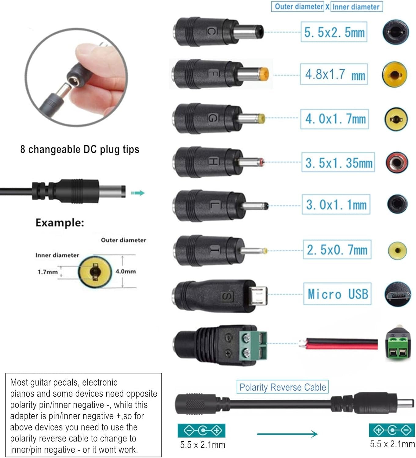 [Polarity Changeable] Universal 9V AC Adapter DC9V 2A Power Supply with 8 DC Plug Tips AC110V to DC9V 2A 1.5A 1A 500mA 400mA 200mA 100mA Power Adapter 9volt Converter Transformer Charger dc9v