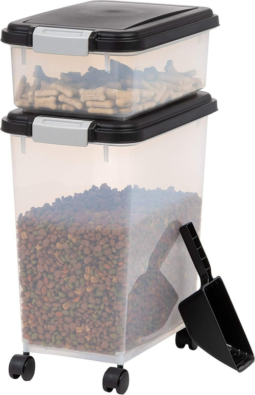 IRIS USA Dog Food Storage Container, 30lbs + 11lbs Combo, Cat Food Storage Container, Dog Treat Container, Airtight, Stackable, 2-Cup/ 450 g Scoop, Wheels, Easy Mobility, BPA Free, Black