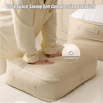 Ultra Space Saving Self Compression Organizer, Self Compression Bag, Self Compression Packing Cubes, Expandable Packing Organizers, Heavy Duty Moving Bags, Storage Tote for Space Saving (Beige, XL)