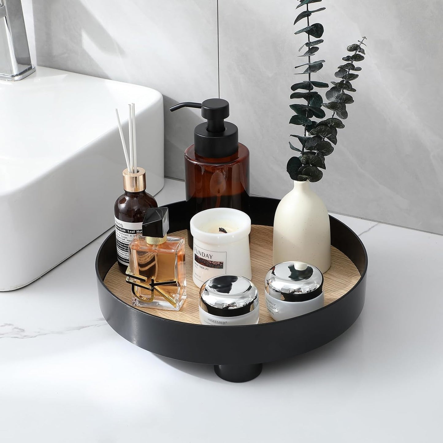 Decorative Tray Coffee Table Tray Round Trays for Home Decor Bathroom Counter Tray Perfume Organizer for Dining Table, Dresser, Kitchen,12 Inch, Black
