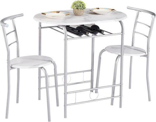 VECELO 3 Piece Small Round Dining Table Set for Kitchen Breakfast Nook, Wood Grain Tabletop with Wine Storage Rack, Save Space, 31.5", White & Silver