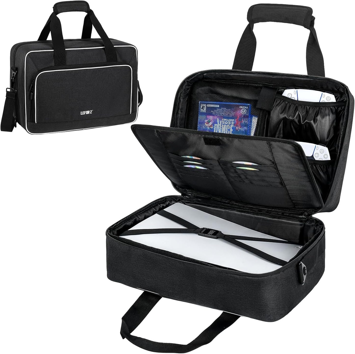 Carrying Case Compatible with PS5/PS5 Pro/PS4,Console Travel Case Compatible with Playstation 5/PS5 Digital Edition,Protective Storage Bag Fits for PS5 Controllers,Game Discs,Charger&Accessories-Black