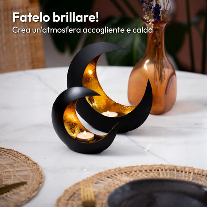 Gadgy Candle Holder, Set of 2 - Small and Large Table Candle Holder - Decorative Tealight Holder in Oriental Style - Black and Gold Metal Candle Holder - Table Tea Light Holder