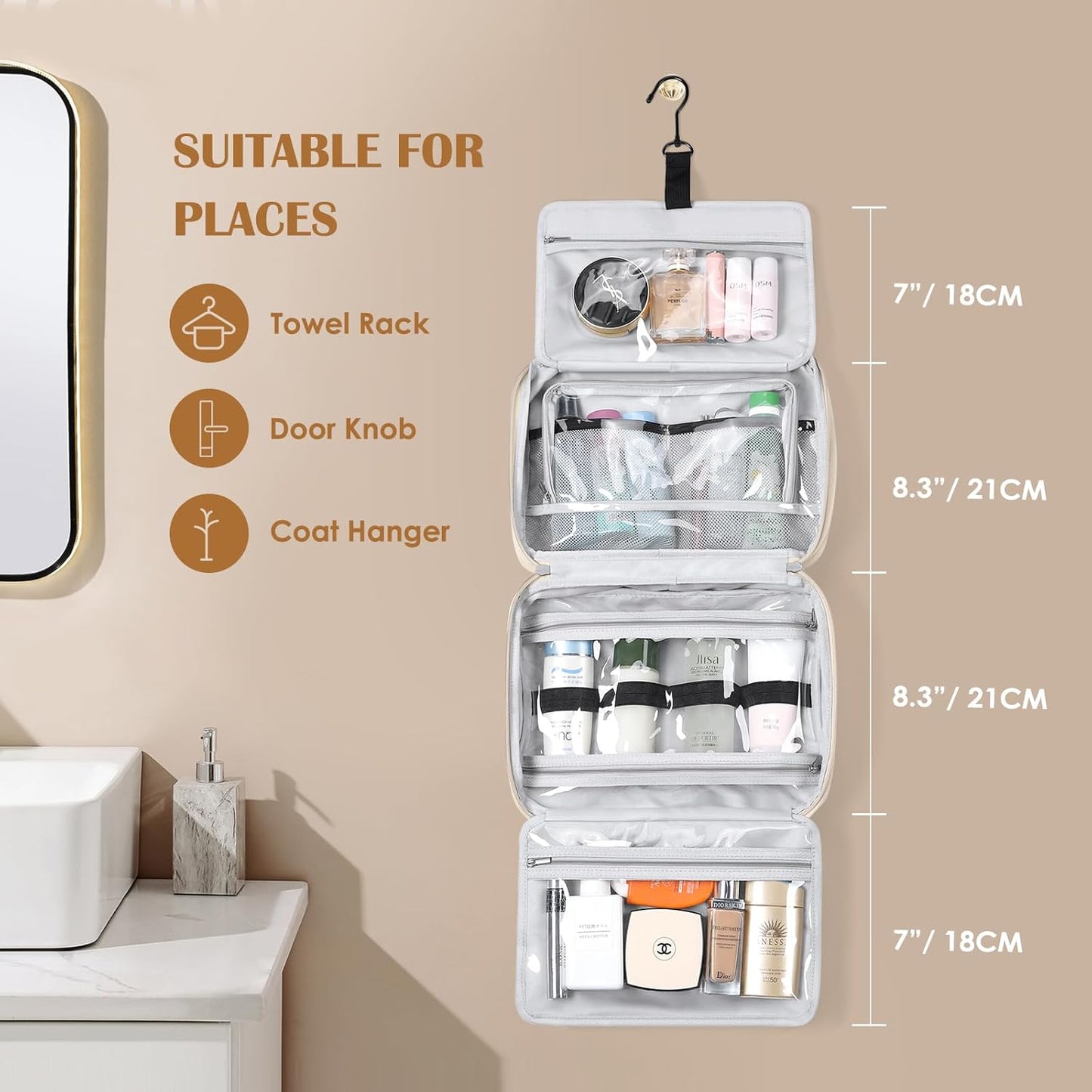 GOLF QUALITY Women's Travel Toiletry Bag Hanging Waterproof Makeup Bag High Capacity Travel Makeup Bag Useful Accessories Large Makeup Bag with Hook, Elegant Apricot, Includes