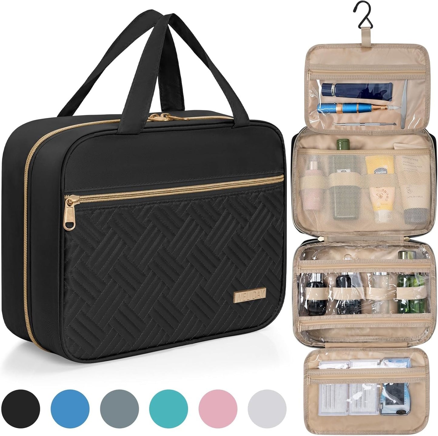 AKOZLIN Hanging Travel Toiletry Bag Makeup Bag Travel Makeup Cosmetic Organizer Waterproof Travel Wash Bag for Travel Accessories Essentials,Black-Large