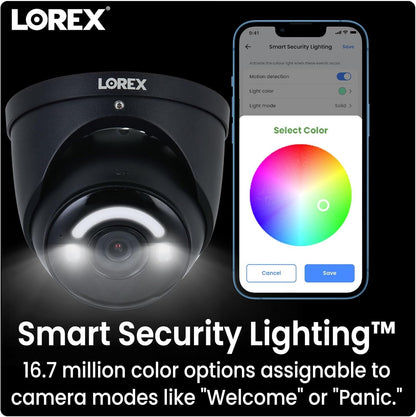 Lorex 4K 8MP IP Wired Metal Dome Outdoor/Indoor Security Camera - Smart Security Lighting, Smart Motion Detection, Deterrence Siren, Color Night Vision Booster, 2-Way Talk, IP67 Weatherproof (Black)