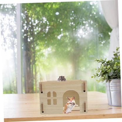 Milisten Cozy Wooden Hideout for Small Pets Multifunctional Hamster House with Feeding and Watering Area Secure Design for Rabbits Guinea Pigs Hedgehogs and Chinchillas