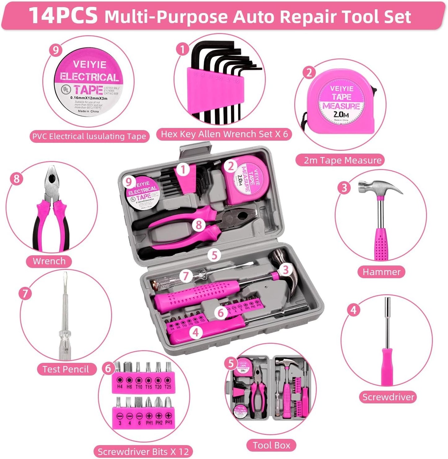 VEIYIE Roadside Emergency Car Kit for Vehicles, Pink Car First Aid Kit Emergency Kit with Jumper Cables, Car Safety Kits, Tow Strap, Tool Kit, Road Trip Assistance for Men, Women, New Driver Gifts
