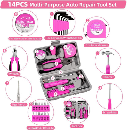 VEIYIE Roadside Emergency Car Kit for Vehicles, Pink Car First Aid Kit Emergency Kit with Jumper Cables, Car Safety Kits, Tow Strap, Tool Kit, Road Trip Assistance for Men, Women, New Driver Gifts