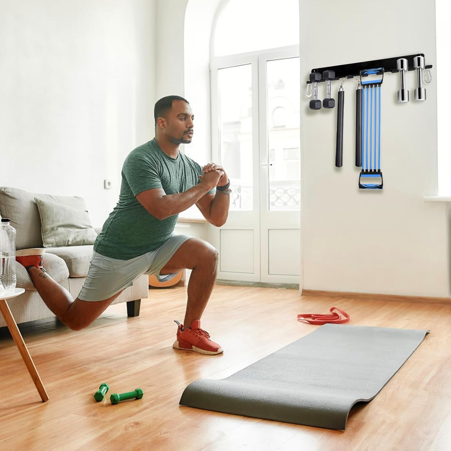 Tebery 9 Hook Home Gym Storage Rack Wall Mount, Fitness Equipment Organizer, Metal Gym Accessory Hanger for Exercise Bands, Jump Ropes, Barbells, Lifting Belts