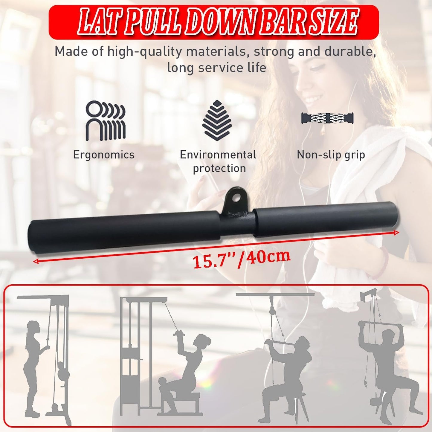 Taeku LAT Pulldown Bar, LAT Straight Bar with Handle for Pulley Cable Machine Triceps Pushdown Bar Accessories for Home Gym Fitness