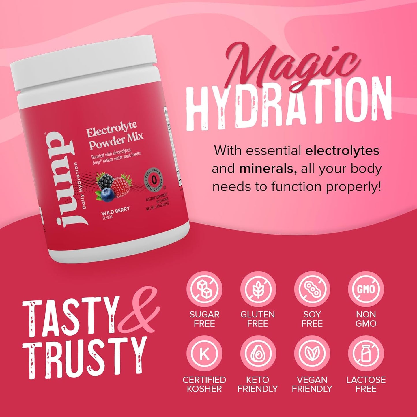 JUNP Hydration Electrolyte Powder, Electrolytes Drink Mix Supplement, Zero Calories Sugar and Carbs, Kosher, Wild Berry Flavor, 90 Servings