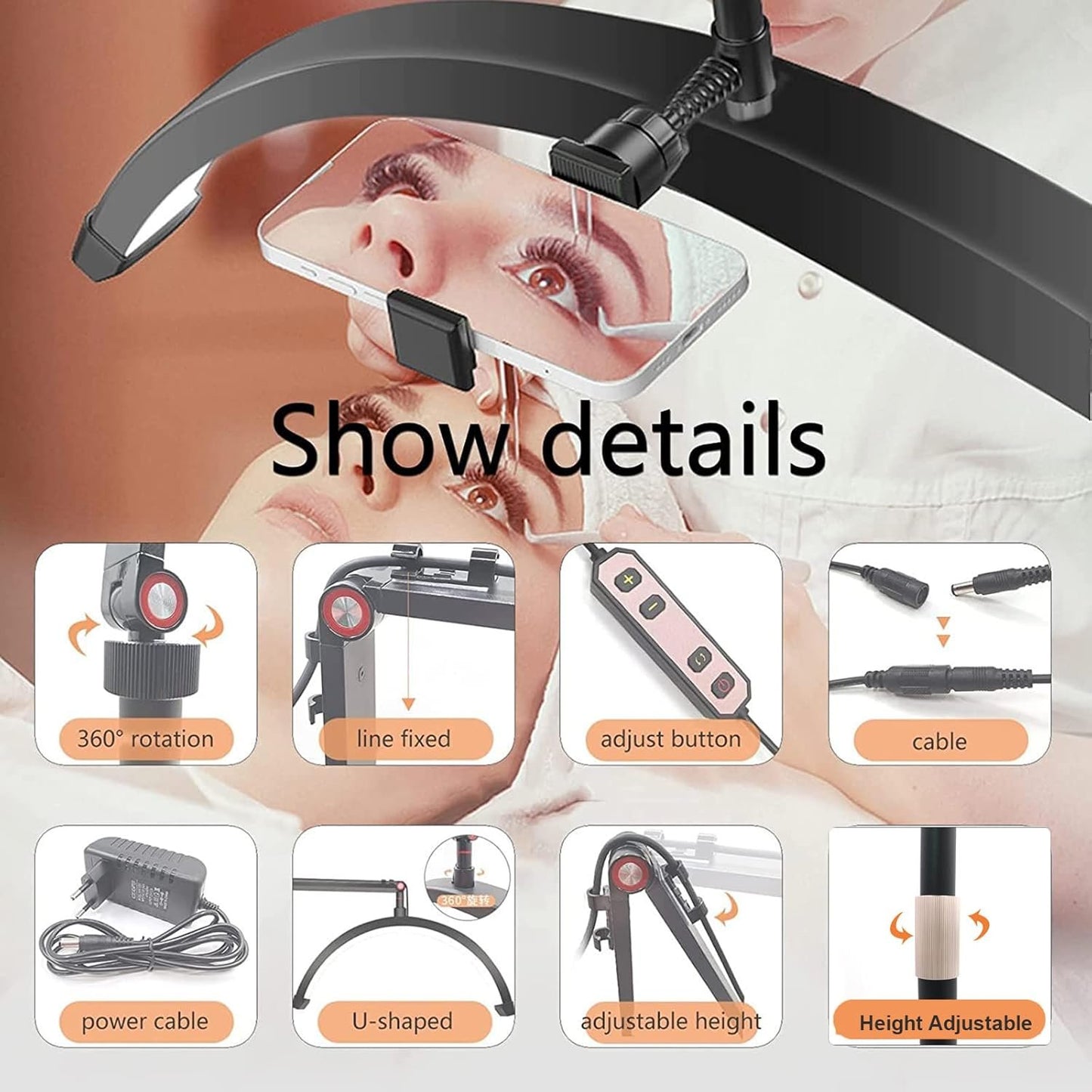 Lash Light, Half Moon Lamp with 3 Color Temperature, Tattoo Light with Phone Holder, LED Floor Lamp for Eyelash Extensions, Beauty, Skincare, Eyebrows, Filming Content Creation,White