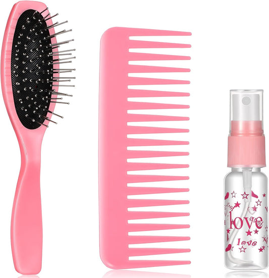 3 Pieces Hair Brush Kit for 18 Inch Doll - Wig Brushes, Wire and Plastic Brush, Comb Set with Spray Bottle for Head Care Styling Detangling Accessories (Light Pink)
