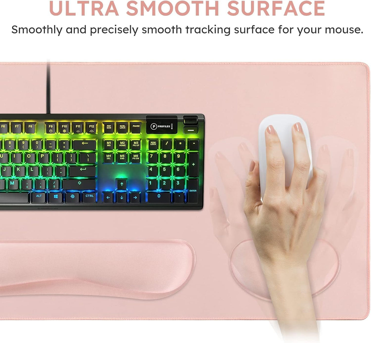 iCasso Mouse Pad Set, Memory Foam Ergonomic Keyboard Mouse Wrist Rest, Extended Desk Pad with Stitched Edges (35.4 x 15.7 inch), Non-Slip Waterproof Mouse Pad for Home Office Study Game (Pink)