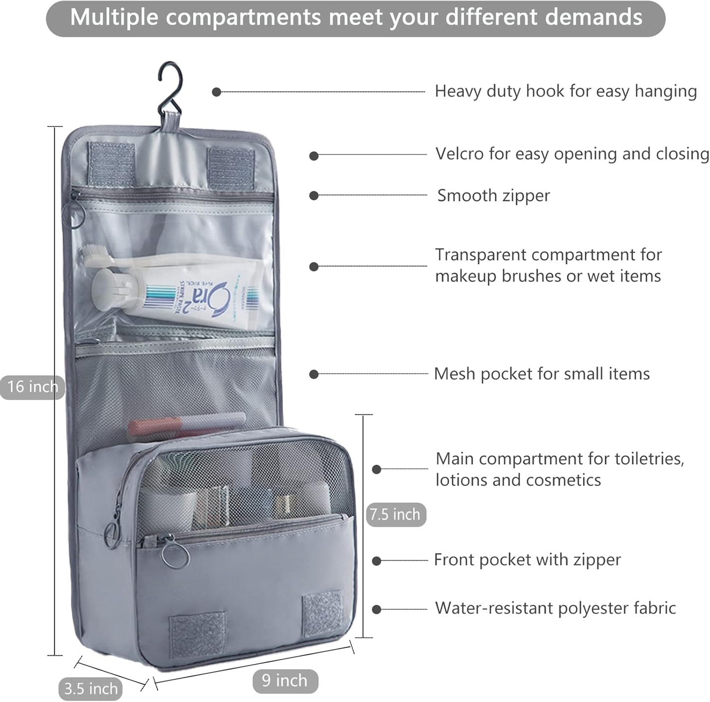 IMCUZUR Makeup Bag Organizer Hanging Travel Toiletry Bag for Women, Water-resistant Cosmetic Bag for Girls, Travel Make Up Bag for Accessories Toiletries, Grey, Travel Toiletry Bag