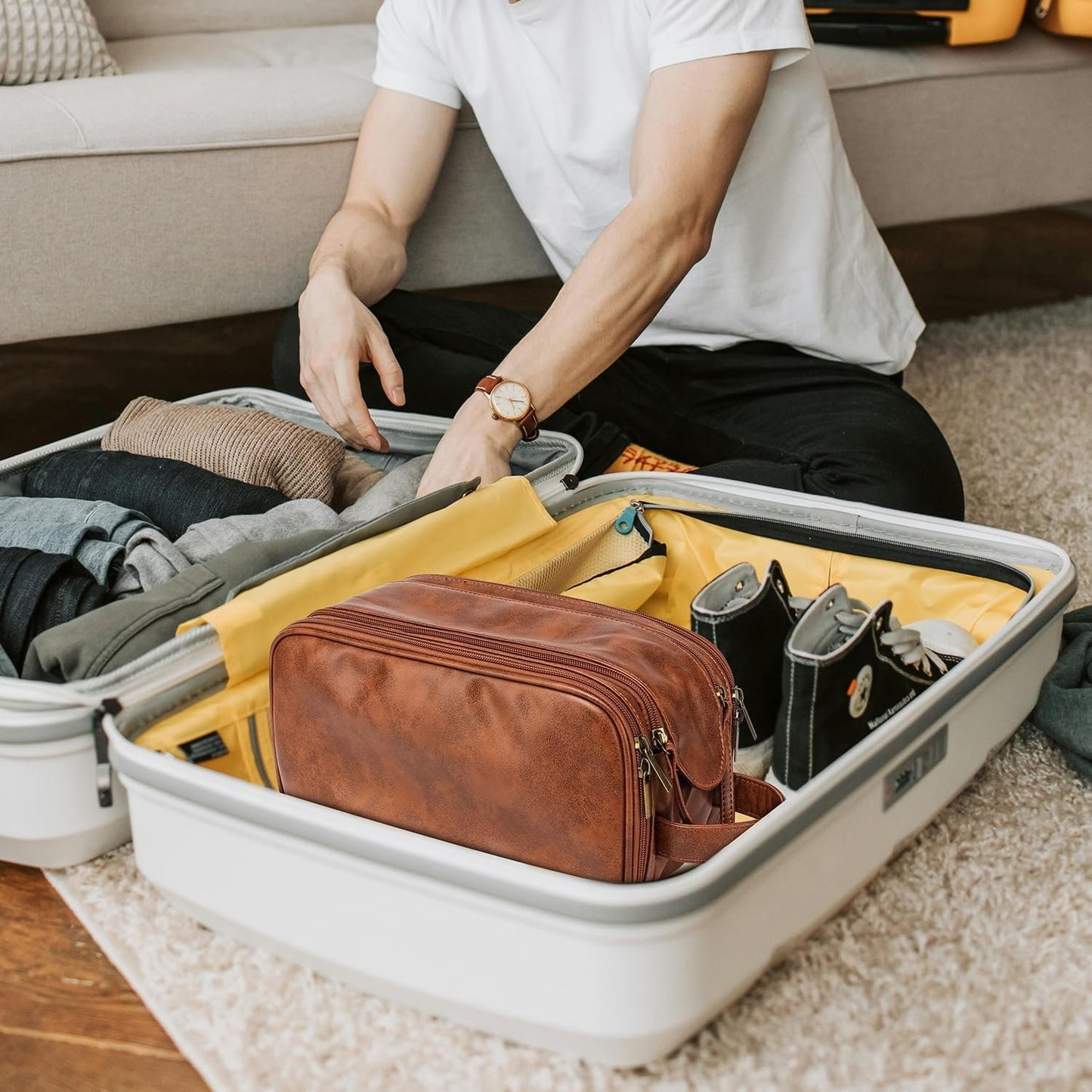 Toiletry Bag Men's PU Leather Toiletry Bag Wash Bag for Travel Toilet Bag Men Organiser Dopp Kit Cosmetic Bag, Brown
