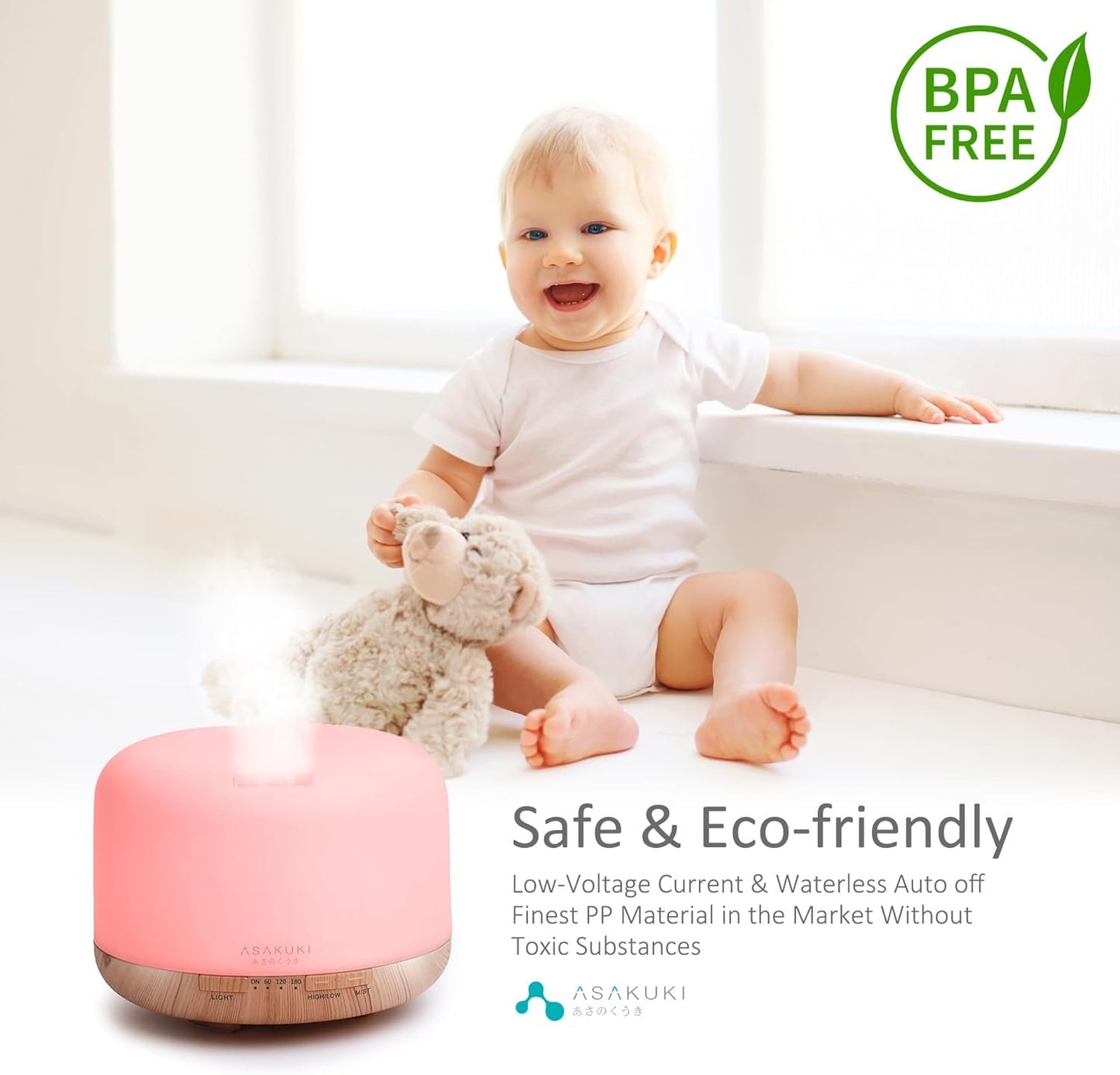 ASAKUKI 500ml Essential Oil Diffuser, 5 in 1 Premium Ultrasonic Aromatherapy Fragrant Oil Vaporizer Humidifier with Remote Control, 3 Timer and Auto-Off Safety Switch, 7 LED Light Colors