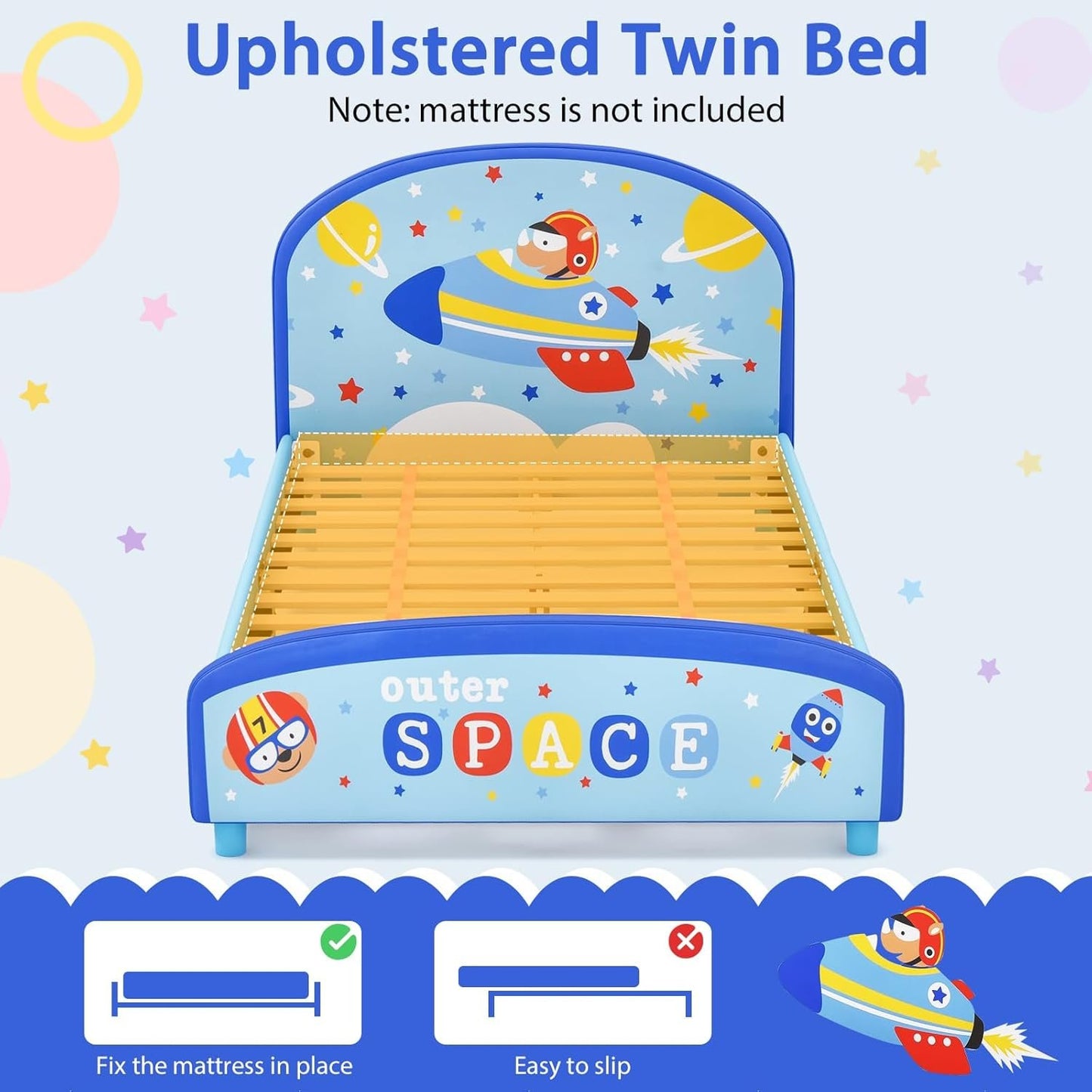 Costzon Twin Bed Frames for Kids, Wood Upholstered Twin Bed Platform with Slat Support, Padded Headboard&Footboard, No Box Spring Needed, Easy Assembly, Fits Standard Twin Mattress (Outer Space)