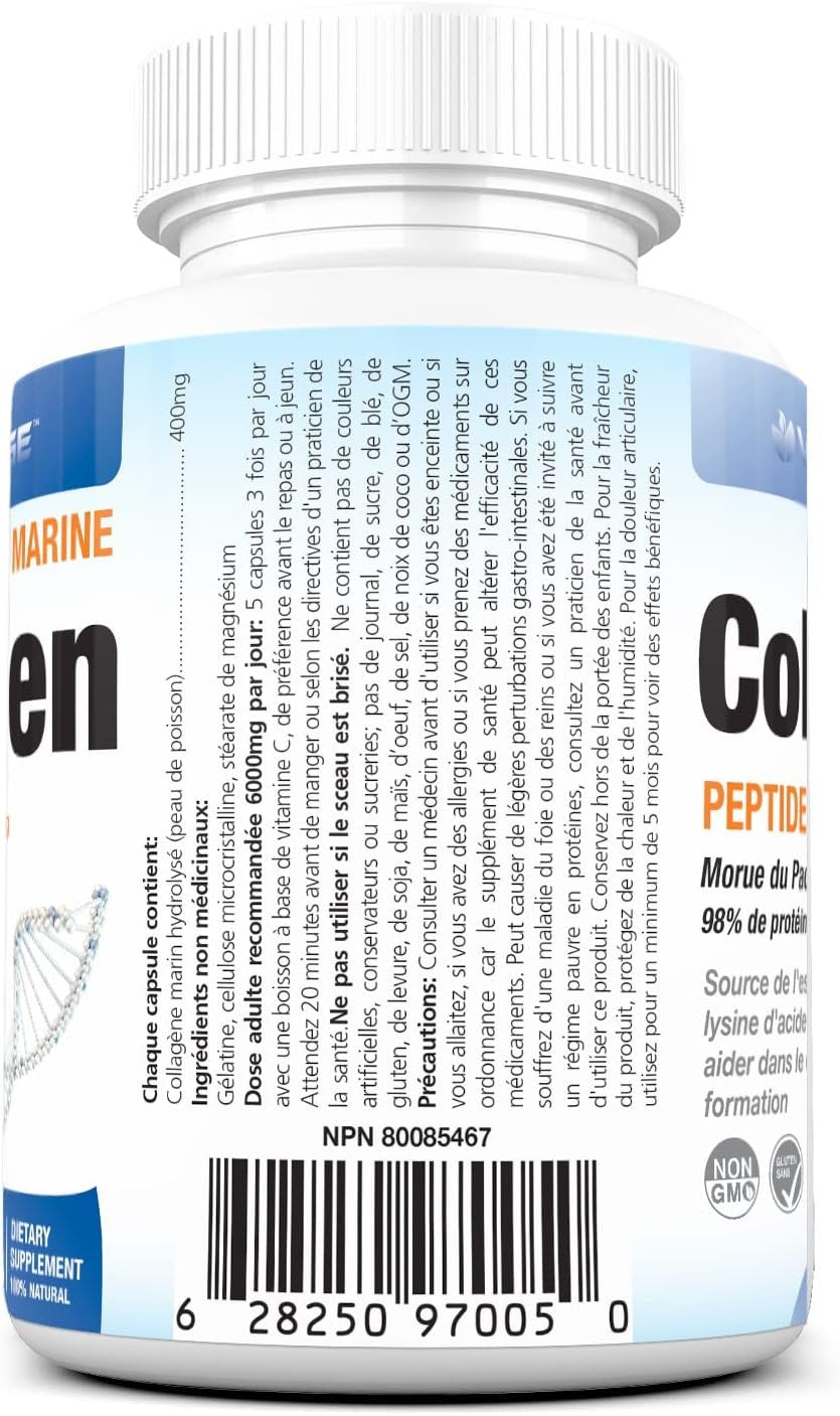 Vita-Nuage | Canada Brand | (2 PACK) Premium Marine Wild Fish Collagen 6000mg 90% High Protein Content 120 Count, 100% Pure Hydrolyzed Collagen
