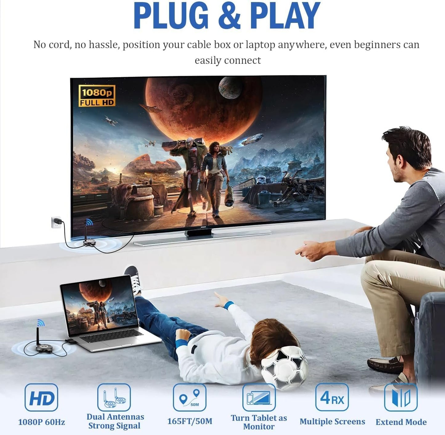 AIMIBO Wireless HDMI Transmitter & Receiver, Support Multiple Receivers, 5G, RScreen App, 1080P@60Hz, 165FT, Stream Video & Audio HDMI Wireless Extender for Laptop, STB, DSLR to TV, Monitor, Projector