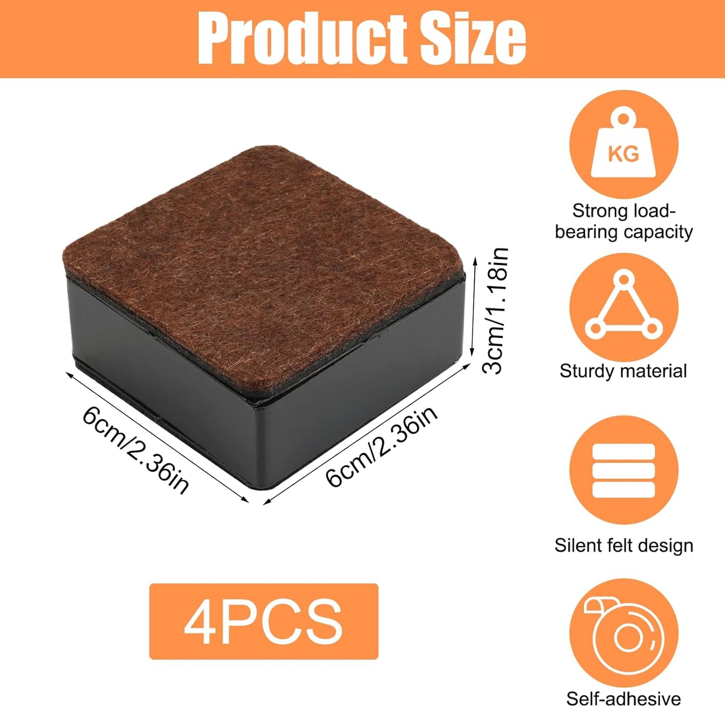 4 Pieces Self-Adhesive Furniture Risers 3 cm Steel Bed Feet Feet for Furniture Non-Slip 6 cm Diameter Risers for Furniture Heavy Bed for Coffee Table, Furniture, Desk, Square Black