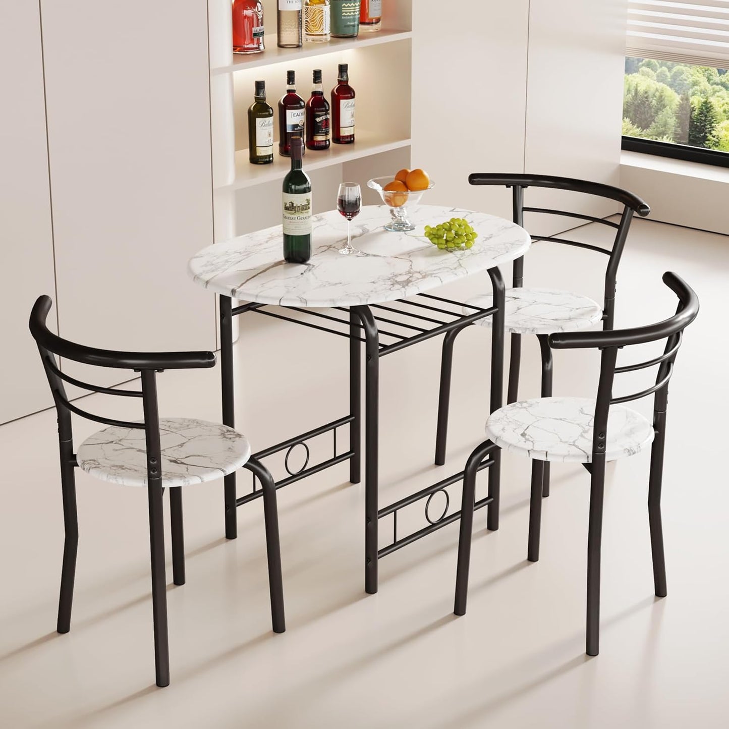 JUMMICO 3-Piece Wooden Round Table & Chair Set, Space Saving Kitchen Breakfast Nook Wood Grain Tabletop with Metal Frame and Built-in Wine Rack for Kitchen, Dining Room (White/Black)