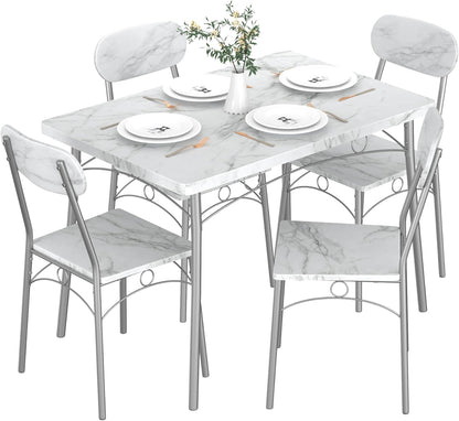 VECELO Dining Table Set for 4, 5-Piece Kitchen Table with 4 Chairs, MDF Board Tabletop with Metal Frame for Small Space, Compact Dinette, Breakfast Nook, White