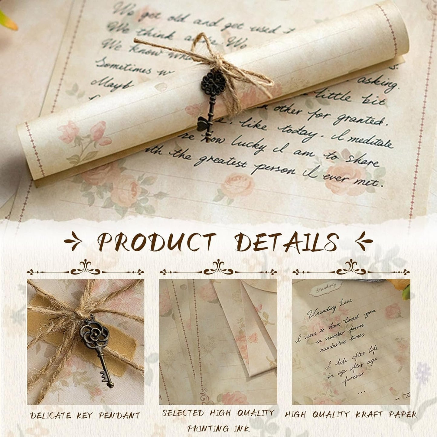 LELE LIFE Vintage Floral Stationary Paper and Envelopes Set, 4 Styles Aged Antique Lined Stationery Sets for Letter Writing Kit, 150GSM Thick Double Sided Old Paper,Style A