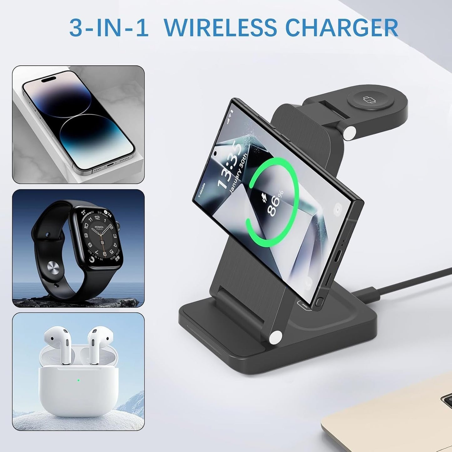 Besswin 3 in 1 Charging Station for Apple Devices, 15W Fast Wireless Charger for iPhone 16 15 14 13 12 11 X Pro Max & for Apple Watch 8/7/SE/6/5, Wireless Charging Stand Compatible with AirPods 4/3/2