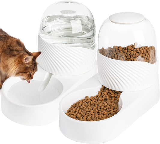 Hacaroa 2 Pack Automatic Cat Feeder and Water Dispenser, 2 L Gravity Pet Food Feeder and Waterer Set, Self Feeding Dog Bowl for Small Pets, Puppy, Kitten, 100% BPA-Free, Easily Clean, White