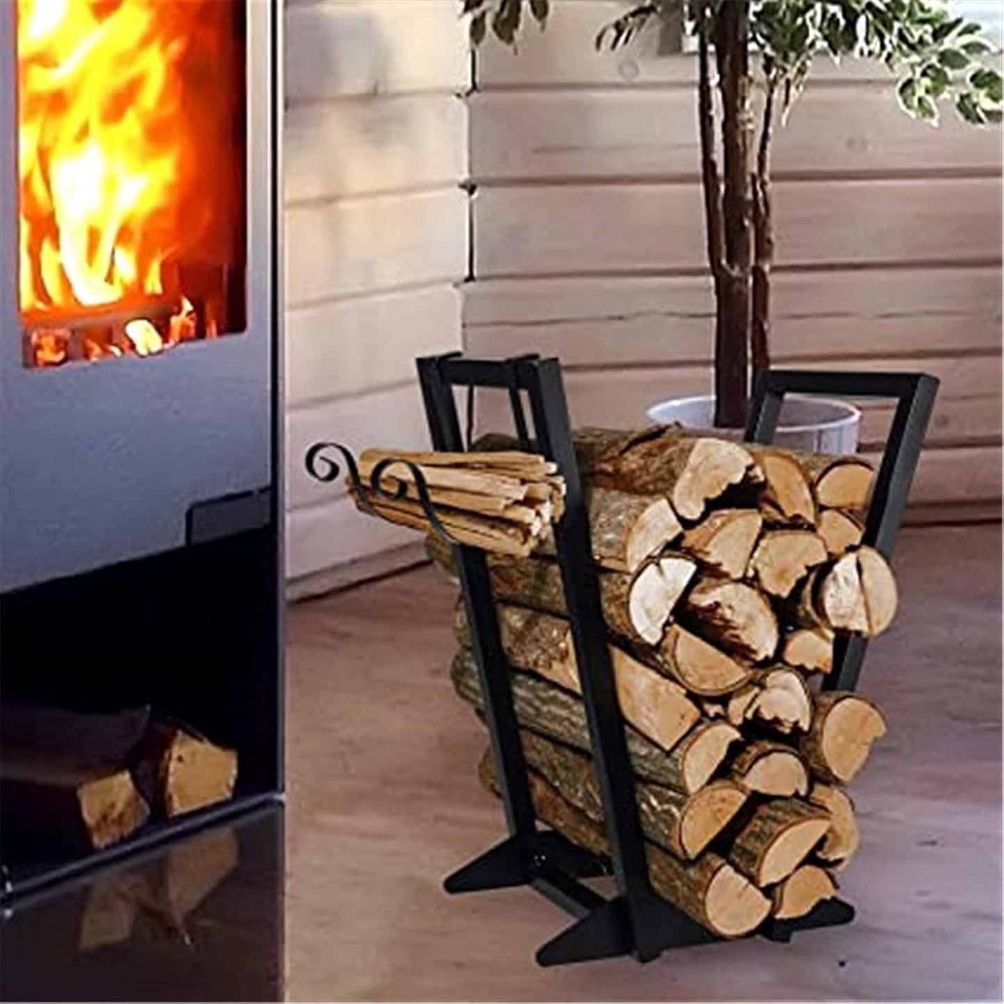 Firewood Stand Log Rack Firewood Holder with Hooks - Indoor/Outdoor Metal Fireplace Wood Storage Stand with Holders for Fireside Tools and Accessories Strong and Sturdy (Black 46x28x56cm)