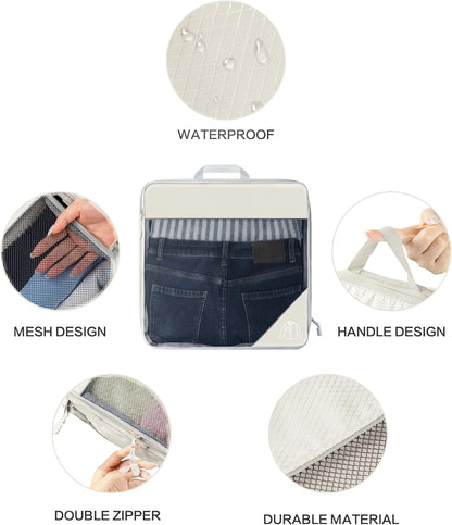 Koncle Compression Packing Cubes for Suitcases, Extensible Travel Packing Cubes, Mesh Luggage Suitcase Organizer Bags, Large Medium Small Slim Packing Cube, Travel Suitcase Accessories Cream
