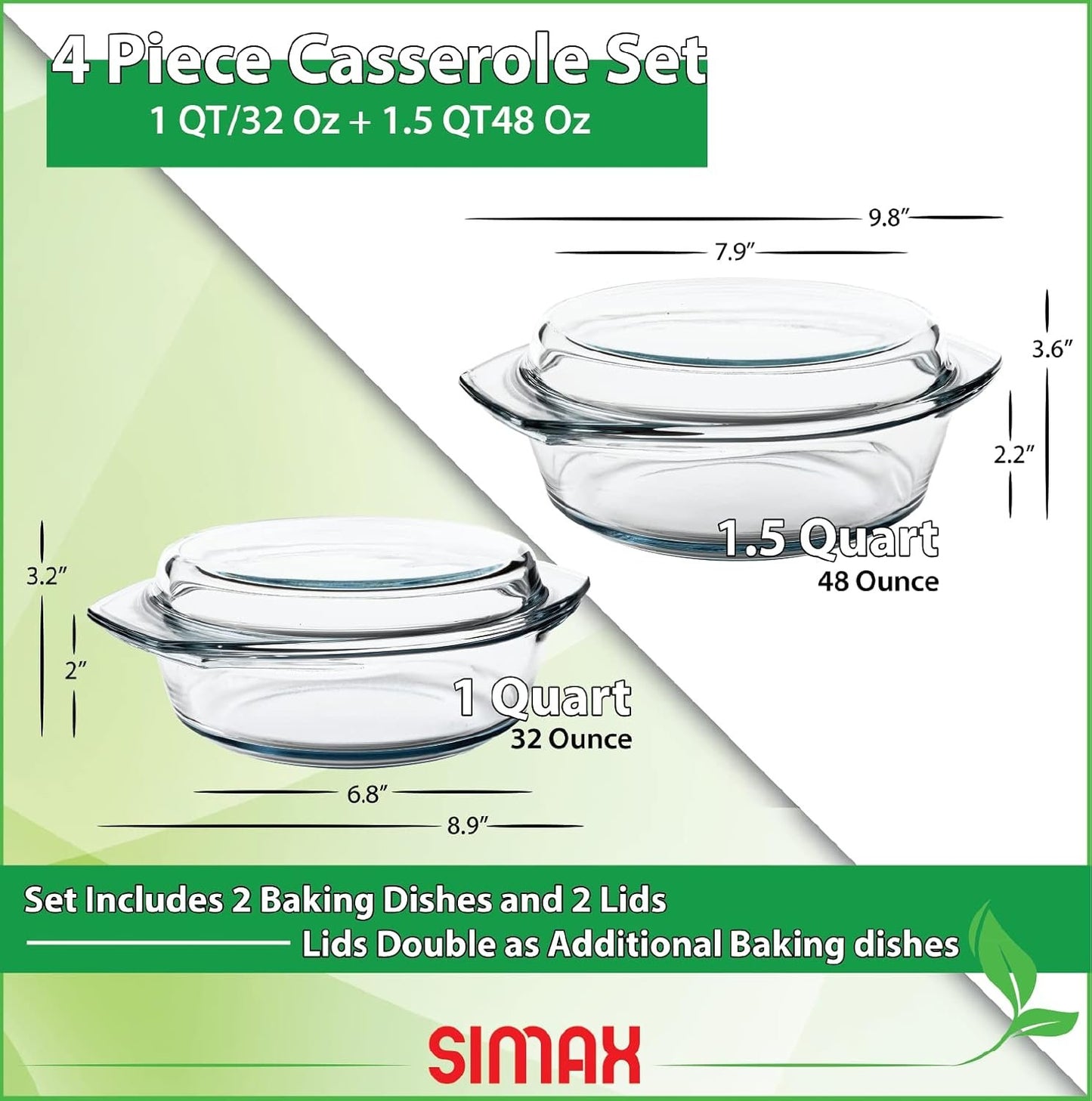 Simax Casserole Dish Set, Set of 2 Casserole Dish with Lid, Round Glass Cookware, Borosilicate Glass, Made In Europe 1 Qt and 1.5 Qt Baking Dishes