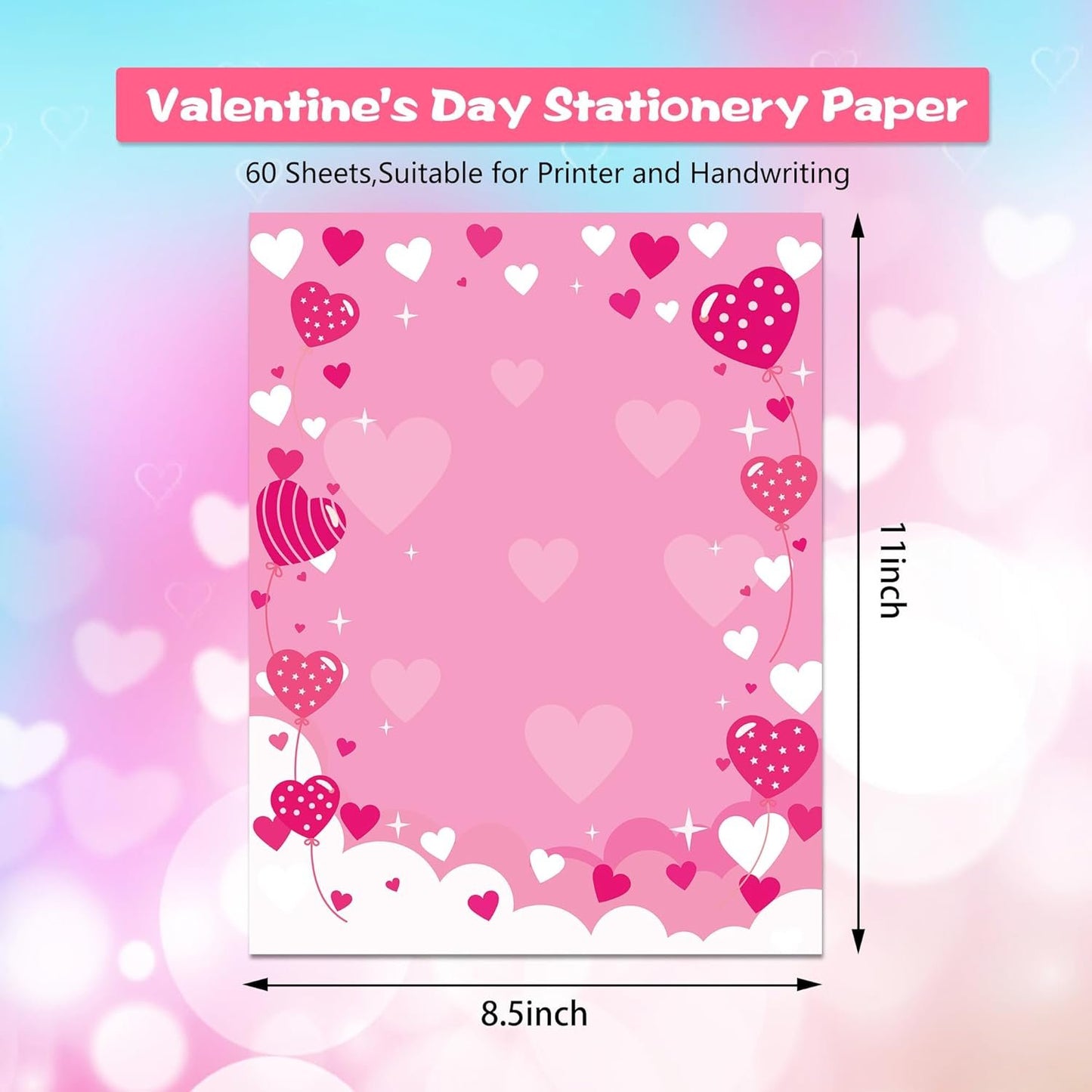 GLKTOPO 60 Sheets Valentine's Day Stationery Paper A4 Border Letterhead - Double Sided Pink Love Festival Writing Letter Paper for Notes Cards Invitation Crafts Printing Supplies - 8.5" x 11"