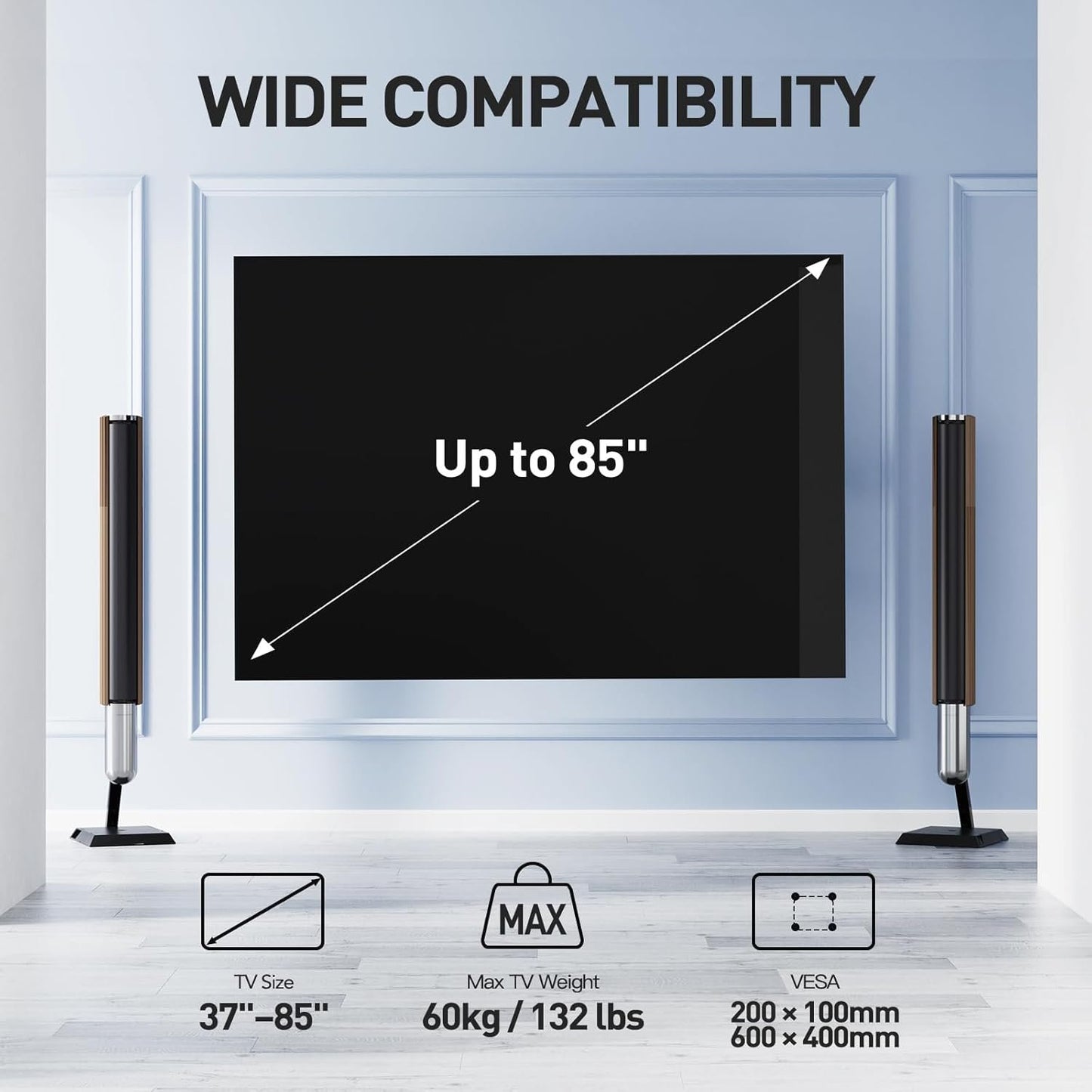 PERLESMITH TV Wall Mount 37-85 Inches, TV Bracket Swivel Tilting and Extending, Ultra Resistant TV Arm 60 kg, TV Bracket 55 65 Inches VESA 200 x 100 – 600 x 400 mm