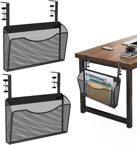 Desk Side Storage, 2PACK Under Desk Drawer, Hanging Desk Organizer, Clamp On Desk Organizer,Mesh Hanging File Organizer For Document Magazine Paper School Supplies(BLACK)