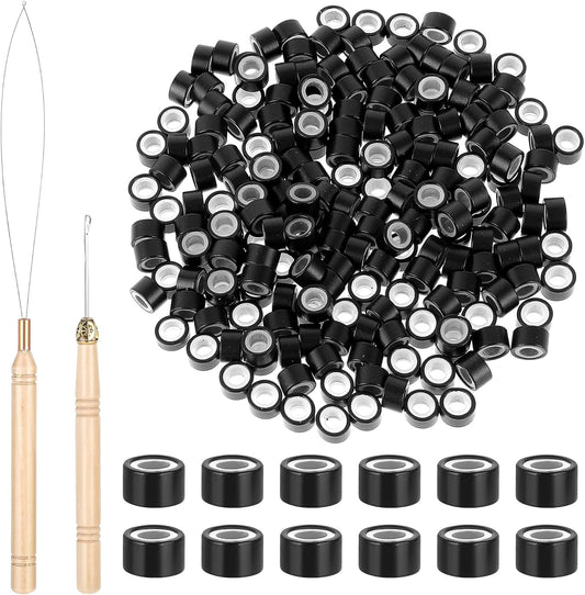 Abeillo, 200pcs Micro Ring Hair Extensions 4mm Human Hair Extensions Nano Rings with Silicone Tool Set with Hook (Black)