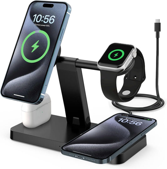 4 in 1 Wireless Charger Stand Magnetic Wireless Charging Station Compatible with Apple Watch Series 10/9/8/7/6/5/4/3/SE/Ultra, AirPods, iPhone 16/15/14/13/12/Pro/Pro Max/Mini (No AC Adapter)